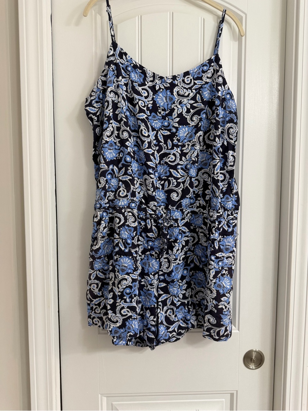 LOFT Black Floral Blue & White Spaghetti Strap Romper